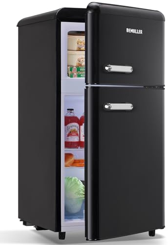 DEMULLER Mini Fridge Dual Door Refrigerator with Freezer, 3.5 Cu.Ft Compact Refrigerator with Handle, Adjustable Temperature & Removable Glass Shelves, for Apartment/Dorm/Office/RV, Black