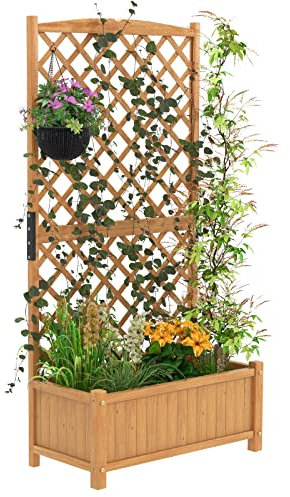 GOPLUS Jardinière avec Treillis 180cm en Bois, 4 Trou de Drainage pour Plantes Grimpantes, Fleurs, Bac à Fleurs avec Treillis pour Cour, Jardin, Balcon, 90x44,5x180,5CM (Jaune)