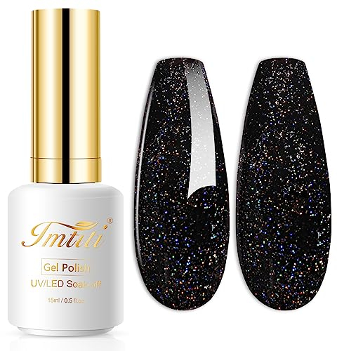 Imtiti Glitter Gel Nagellack,15ML Schwarz Glitzer Gel Polish Soak Off LED U V irridenzierenden schimmeren funkeln Nagellack DIY Nail Art Starter Manicure Salon Gel Nagellack Kit für Frauen Mädchen