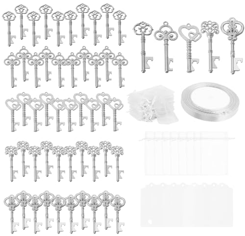 Ruspela Bomboniere di Nozze, apribottiglie Chiave, Etichette Regalo per Feste, Matrimoni, Banchetti, Decorazioni per Matrimoni, Decorazioni rustiche, Confezione da 50 Pezzi (Borsa Argentata Vuota)