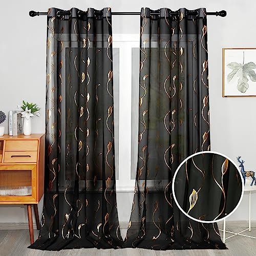 youleyar Durchsichtige Voile-Vorhänge mit Goldfolien-Druck, Fenstervorhänge mit Ösen, 244 cm lang, luxuriöse Metallic-Bronzing-Behandlung, Paneele für Fensterdekoration, Zuhause, 2 Paneele (Schwarz,