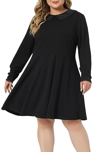 Agnes Orinda Kleid in Übergröße für Damen, langärmelig, Puppenkragen, Bubikragen, A-Linie, ausgestelltes Midikleid
