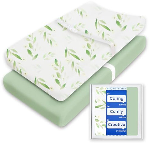TotBasic Wickelauflagenbezug für Mädchen und Jungen, Premium-weiche Boho-Wickeltischbezüge, dehnbare Jersey-Wickeltisch-Bettlaken – passend für alle gängigen Wickeltische – 2 Stück (Salbeigrün und