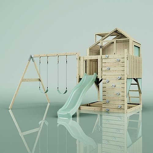 Rebo Spielturm mit Spielhaus inkl. Wellenrutsche und 2X Kinder-Schaukel, Outdoor Klettergerüst Garten,Mintgrün