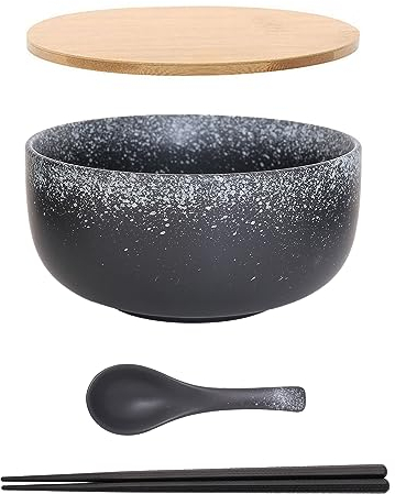 Ramen Schüssel Keramik Set mit Löffel Essstäbchen,1100 ML Großer Suppenschüssel,Salatschüsseln Für Suppe, Pho und Sushi Bowl (Stern schwarz Set)
