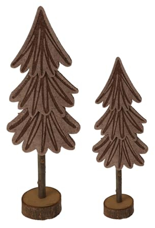 Rebecca Mobili Set of 2 Small Christmas Trees, Miniature Decorative Trees, Felt and Wood, Brown, with Stand, Christmas Decorations - Dimensions HxWxD: 38.5 x 13 x 6 cm - Art. RE6957
