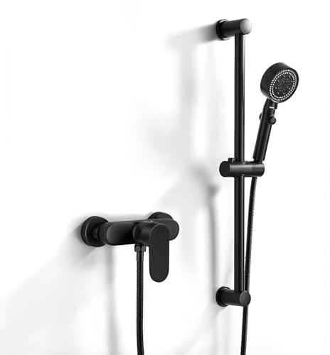 Namuoto Mitigeur Monocommande Douche Noir, Robinet Mitigeur de Douche Mural avec Barre de Douche Réglable 635mm, Douchette à Main 5 Modes, Flexible 150mm, Ensemble de Douche