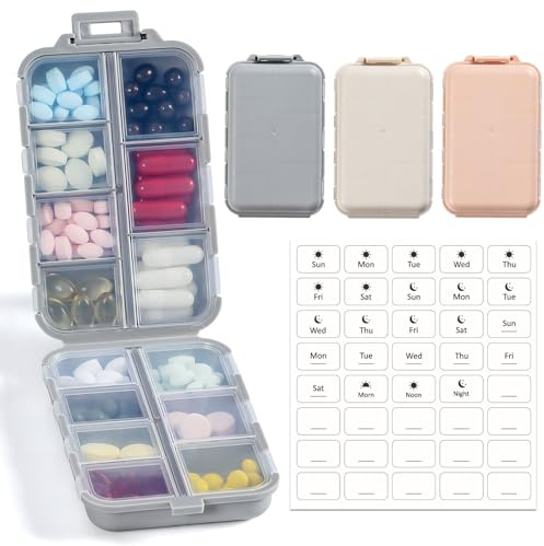 LANDNEOO 14 Grids Pill Organizer Box with Labels, Travel Medication Holder Dispenser Case Kit, Pocket Daily Pharmacy Container for Fish Oil Vitamin Supplement Storage, Khaki Pink Grey, 3 Pack