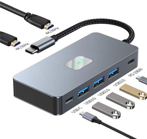 Station d'Accueil USB C Double Moniteur 7 en 1, Dock Dual HDMI, HUB MacBook Pro, PD 100W, Data, 3 USB 3.0, Adaptateur Multiport Type C pour MacBook, Dell, HP, PC