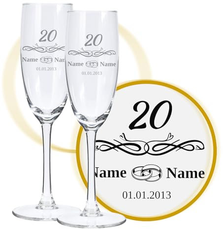 LALALO Sektglas mit Gravur 20. Hochzeitstag (2 St.), Porzellan-Hochzeit Sektgläser Geschenk personalisiert/graviert, Jahrestag (Herzfunken)