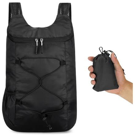 HIOQFR Mini Rucksack Faltbar Ultraleicht 20L Leichter Rucksack Damen Herren Faltbare Rucksäcke Faltrucksack Klein Foldable Backpack Wandern Ultralight Rucksack Wasserdicht Sport Tagesrucksack-Schwarz