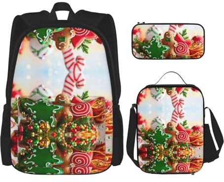 MDATT Sac à dos Kawaii avec boîte à déjeuner - Trousse 3 en 1 - Combinaison assortie - Peinture d'art abstrait gris et jaune, Bonhomme en pain d'épices, Taille unique