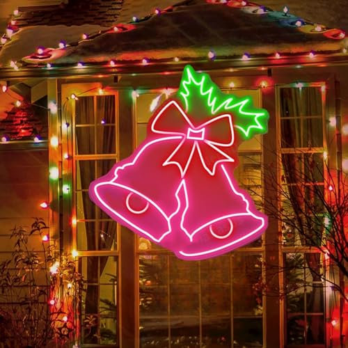HFHungkeong Weihnachtsglocken-Neonschild für Wanddekoration, Weihnachts-LED-Schild, Weihnachts-Neonschild, Weihnachtsglocken, Neonlicht für Weihnachtsgeschenke, Party-Dekoration, 35 x 32 cm