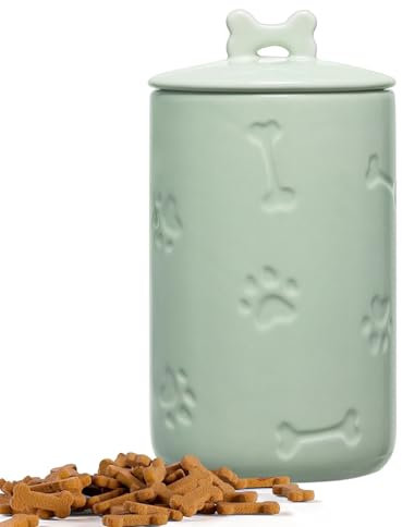 NIXBYO Dog Treat Container Airtight - 9x5 Green Large Ceramic Dog Treat Jar for Kitchen Counter, Dog Cookie Jar with Lid - Farmhouse Style Dog Food Storage Container for Dogs, Cats, Pets
