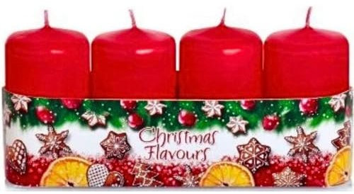 4er Set Stumpenkerze, Adventskerzen, Adventskranzkerzen in adventsrot,Duftrichtung Zimt - Lebkuchen und Weihnachtsplätzchen, Lieferumfang 4 Stück, Brenndauer ca. 10h, Größe H/Ø ca. 7 x 4 cm,