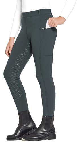 FitsT4 Sports WinterReithose Kinder Winter Reitleggings Mädchen Silikon Vollbesatz Thermo Reithose mit Handytasche und Taschen,Grau,XL
