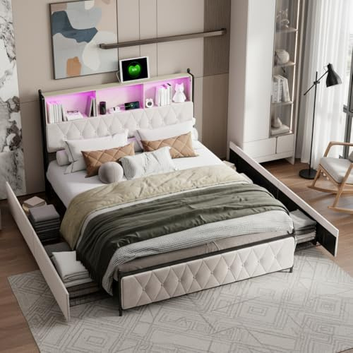 BLSYHDH Polsterbett Doppelbett 140 x 200,Bett mit Bettkasten, Holz Stauraumbett,Funktionsbett mit Kopfteil, LED Doppelbett mit Aufbewahrung, Bett für Erwachsene (Beige, 140 x 200)