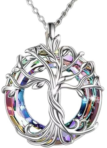 Davaco collar árbol de la vida en plata 925 con cristales multicolores, amuleto espiritual de energía positiva y protección, joya simbólica para mujer con mensaje emocional