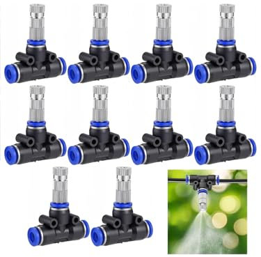 Lpraer 10 boquillas de niebla de latón con 6 mm de 3 vías en T, conector de tubería de agua, rociador, boquilla de pulverización para jardín, sistema de enfriamiento de riego al aire libre, accesorio