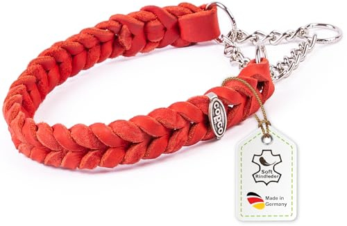 CopcoPet Fettleder Halsband 60–65cm x 25mm Rot – Geflochten mit Zugstopp-Kette – Robust & weich – Verchromte Kette – Lederhalsband für große Hunde, Training & Alltag