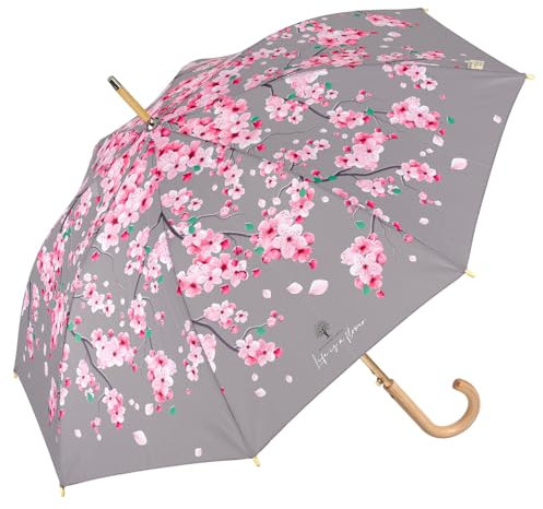PERLETTI GREEN Regenschirm Groß Ökologisch Damen - Regen Stockschirm Automatik Eco Naturverbunden Umweltfreundlich Geschenk - Öko Damenschirm Recyceltem Material - Durchm 102 cm (Kirschblüten)