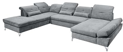 möbelando Wohnlandschaft >Melfi< komfortable XXL-Wohnlandschaft in anthrazit mit Bettkasten, verstellbaren Armlehnen & 6 Kopfteilen, Nosagfederung, Metallfüßen, echt bezogenem Rücken, 350x245 cm