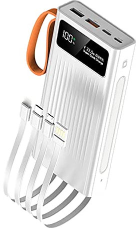 Banque d’Alimentation Portable 66 W Charge Rapide Powerbank pour Gilet Gilet Chauffant Veste Batterie Haute capacité Banke Ordinateur Portable avec 4 câbles Lampe de Poche, Blanc, 50000mAh