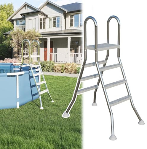 NAIZY Poolleiter 120 cm Poolhöhe, Edelstahl Pool Leiter mit 3 Stufen im rutschfeste Gummioberfläche Einstiegsleiter inkl. Ergonomische Armlehnen Schwimmbadleiter Einbauleiter für Aufstellpool