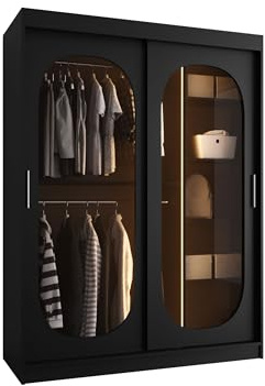 Mirjan24 Kleiderschrank Bimaza 150 mit Schubladen und Glastüren - Rauchglas, Schiebetürenschrank mit einlegeböden und Kleiderstange, Garderobenschrank (Schwarz, mit LED Beleuchtung)