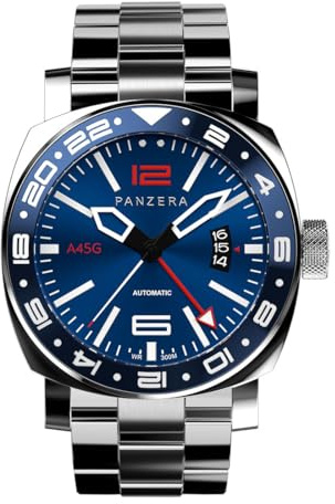 Panzera Aquamarine 45G mechanische Automatikuhr Stahl Saphirblau Datumsanzeige GMT Herrenuhr