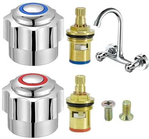 2 Sets Chrome Plated Red and Blue Tap Top Head Cover, Standard Hot & Cold Tap, Rreplacement tap Heads for Leaking Aging Taps(2 handwheels, 2 Valve cores, 2 Screws)