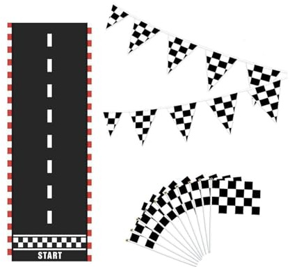 BBTISG Rennwagen Party Dekorationen Set, Schwarz Weiß Kariert Rennflagge Kit mit Langer Rennstrecke Bodenlaufmatte + Handflaggen + Banner