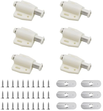 6 Pack Magnetic Push to Open Door Catches, Pressure Touch Release Catches, Heavy Duty Handle-Free Cabinet Latches with Fixing Screws Catches for Kitchen Bathroom Office Furniture (White)