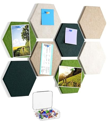 8 Stück Filz Pinnwand Hexagon selbstklebend, Pinnwand Filz Kacheln für Wanddekoration, Memotafel & Notizbrett für Fotos, Bilder, Memos, Büro, Schule & Homeoffice, inklusive Pinnnadeln, Grün und Beige