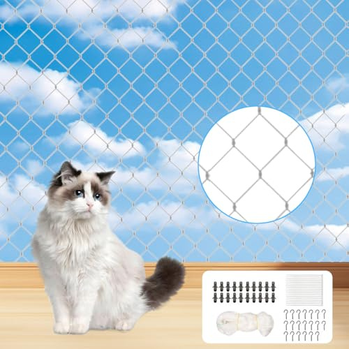 Mineup 10×3 m Katzennetz für Balkon, Katzennetz Drahtverstärkt Ohne Bohren, Transparent Vogelschutznetz mit Haken und Kabelbinder, Reißfest, Katzenschutznetz für Katzen, Fenster, Terrasse, Balkon