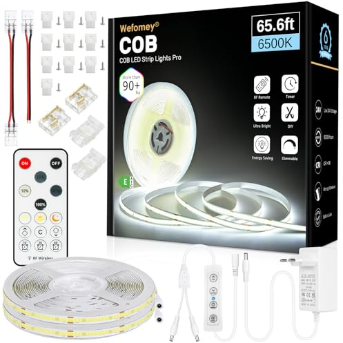 20M COB LED Streifen, LED Strip Kaltweiß 6500K 24V Dimmbar mit Netzteil und Fernbedienung, 8mm Breite, CRI 90+, Hohe Dichte LED Strip Lights Licht Set für Home Dekoration,Spiegel, Treppe, Unterschrank
