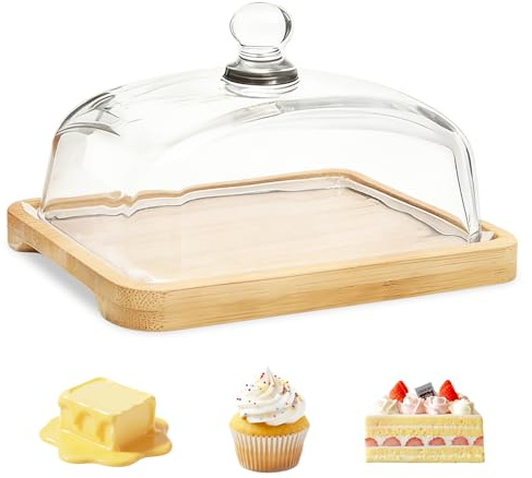 Mantequera con tapa, bandeja de mantequilla cubierta de vidrio, plato de mantequilla de madera gruesa de 18,3 x 12,8 x 9,5 cm, cubierta de pastel en forma de cúpula con cuentas superiores, adecuada