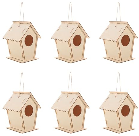 Warmhm 6 Stück Selbstgemacht Bastelset für Kleines Unbemaltes Holz Vogelhaus mit Aufhängeschnur zum Bemalen und Aufhängen für Draußen