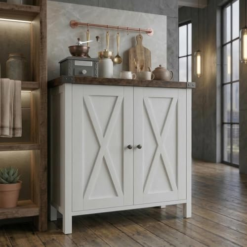 Koioplie Küchenschrank Mit Arbeitsplatte Sideboard Massivholz-Aufbewahrungsschrank Mit Zwei Schubladen Und Türen Für Wohnzimmer Küche Esszimmer Wolkenweiß + Rustikales Braun