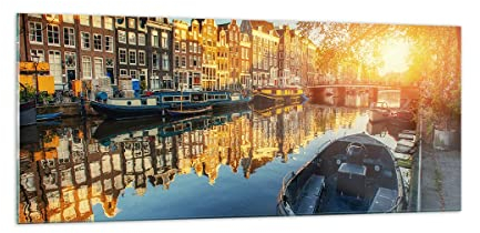 Panorama Bilder auf Glas 100x40cm Glasbild Kanal Boot Amsterdam Wasser Groß Wanddeko Bild im Glas Schlafzimmer Küche Wandbilder Dekoration Wohnzimmer Modern Wand Kunstdruck Art GAB100x40-2857