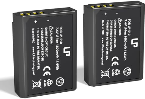 LP LP-E10 Akku, 2er-Pack, 1600 mAh, kompatibel mit Canon EOS Rebel T3, T5, T6, T7, T100, 1100D, 1200D, 1300D, 1500D, 2000D, 3000D, 4000D, Kiss X50, X70, X80, X90 Kameras