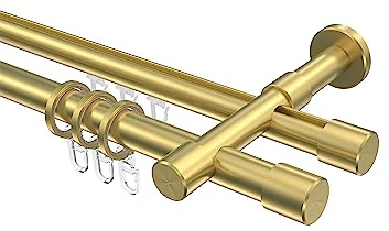 INTERDECO Rundrohr-Innenlauf-Gardinenstange 20 mm 2-läufig, moderne Rohr-Innenlaufstange aus Metall, Messing-Optik, zur Wandmontage, Typ 10223126, 140 cm