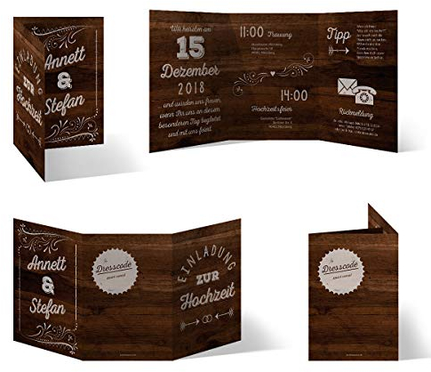 30 x Hochzeitseinladungen individuell mit Ihrem Inhalt als Klappkarte im Wickelfalz - Holz Lettering