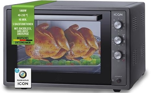 ICQN Mini Four Electrique 60l, 5 Fonctions, 40°-230°C, 2000 W, Anthracite Noir