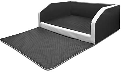 Mayaadi-Home XL Premium Hundebett - 100 x 90 x 38 cm | Hochwertiger Autositz für Deinen Hund | Autohundebett mit Schutzdecke, Kofferraum Bett aus Kunstleder | Travel Duo Schwarz-Weiss