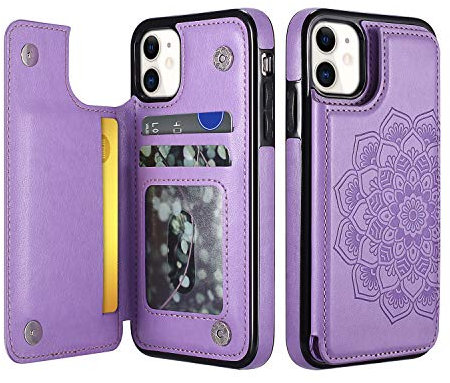UEEBAI Case for iPhone 12 iPhone 12 Pro 6.1 inch, Luxury PU Leather Case [Two Magnetic Clasp] Card Slots Stand Function Embossed Mandala Pattern Half Flower Durable Back Wallet Cover - Purple