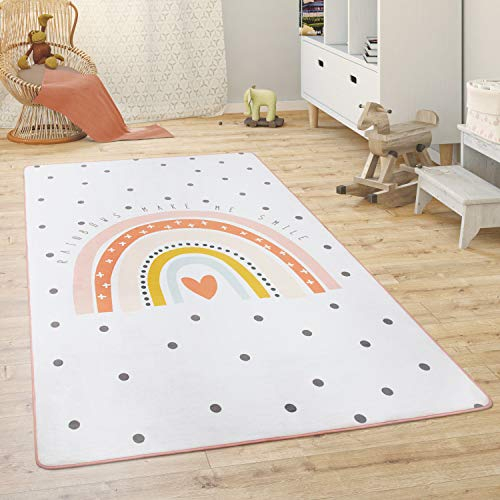 Paco Home Kinderteppich Teppich Kinderzimmer Spielmatte Babymatte rutschfest Modern Tiere Regenbogen Herz, Grösse:80x150 cm, Farbe:Creme