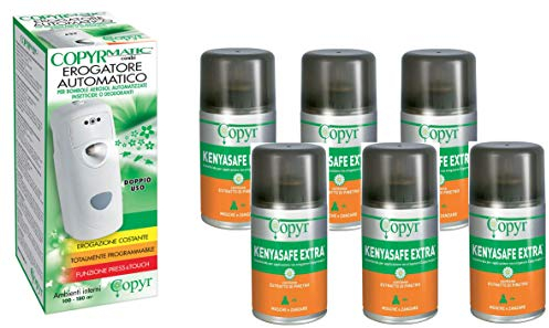 Copyr Kenyasafe Extra e Copyrmatic Combi - Insetticida Antizanzare, Mosche e Insetti Volanti, 6 Bombole 250ml + Erogatore Automatico, Piretro Insetticida Biologico e Repellente Zanzare Casa e Giardino