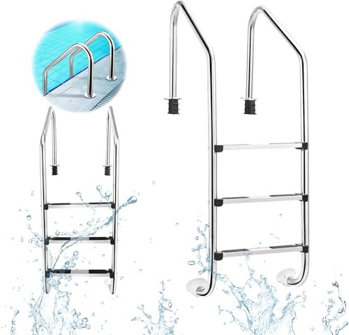 RELAX4LIFE Escalera de Piscina de Acero Inoxidable de 3 Peldaños con Pasamanos, Escalera de Entrada de Piscina con Almohadillas Antideslizantes, Carga 150 kg, 63x53x147cm (Plateado)