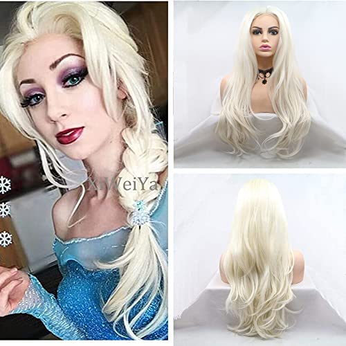 Xiweiya Perücke, lang, gewellt, synthetisch, U Lace-Front-Perücke, Platinblond, Weiß, weicher Naturhaar-Ersatz, volle Perücke, hitzebeständige Faser, für Frauen, 61 cm